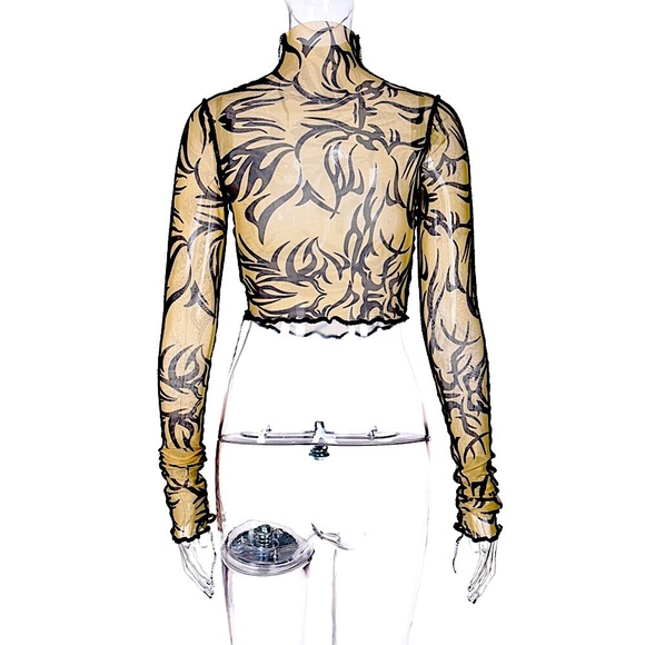 Tan mesh tribal striped long sleeve top - Picture 8 of 14